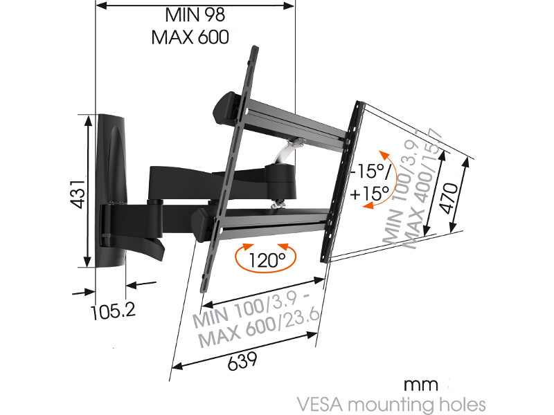 Vogel's WALL 3350 schwenkbare TV Wandhalterung 40"-65", schwarz Maße