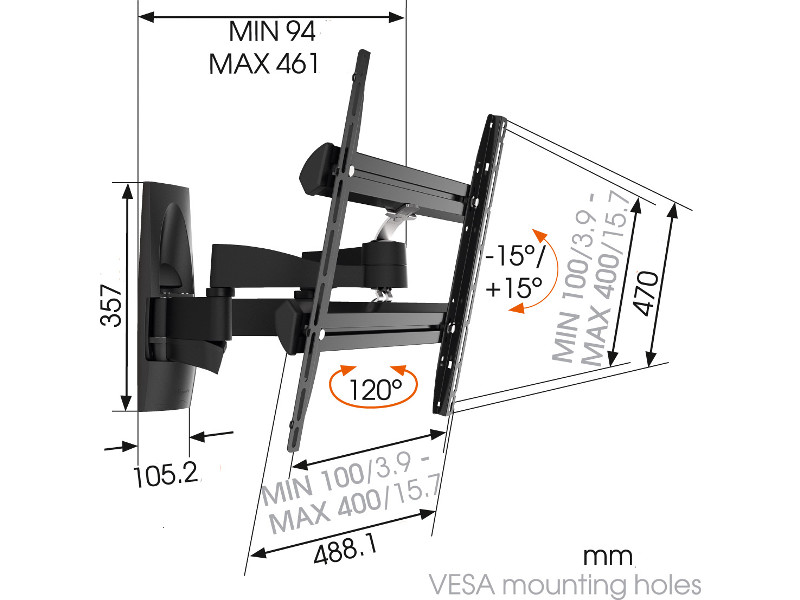 Vogel's WALL 3250 TV Wandhalterung schwenkbar 32"-55", schwarz Maße