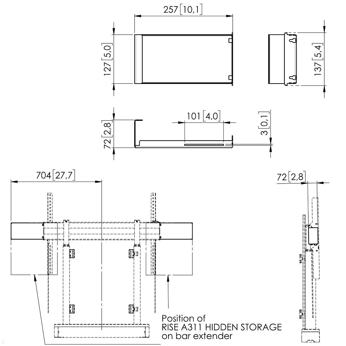 Vogels RISE A321 Zubehör Verlängerung für Aufbewahrungsbox, technische Zeichnung Vogels RISE A321 Zubehör Verlängerung für Aufbewahrungsbox, technische Zeichnung