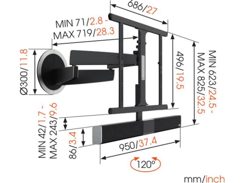 Vogels NEXT 8375 elektrisch schwenkbare TV Wandhalterung mit Soundbar Maße