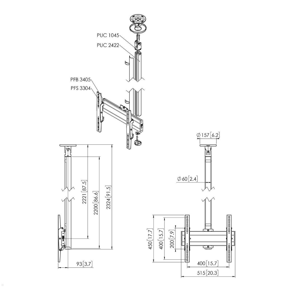 Vogels Connect-it CT242244B TV Deckenhalter bis 65 Zoll, schwarz, Zeichnung Maße Vogels Connect-it CT242244B TV Deckenhalter bis 65 Zoll, schwarz, Zeichnung Maße