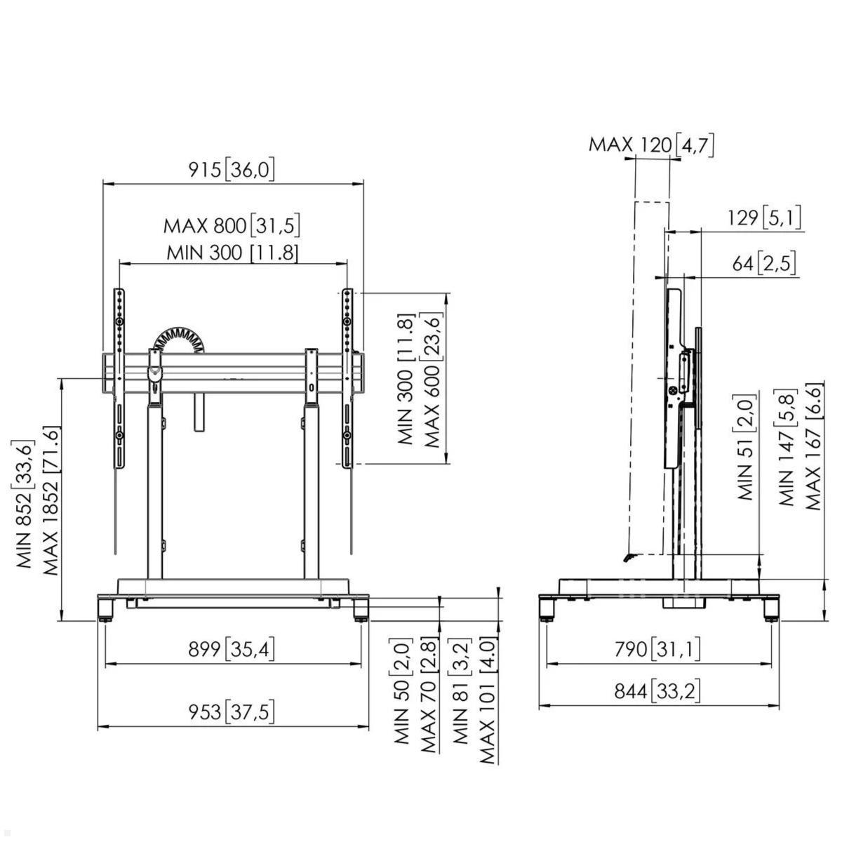 Vogels RISE 5105 elektrischer TV Ständer bis 98 Zoll, 50 mm/s, technische Zeichnung Vogels RISE 5105 elektrischer TV Ständer bis 98 Zoll, 50 mm/s, technische Zeichnung