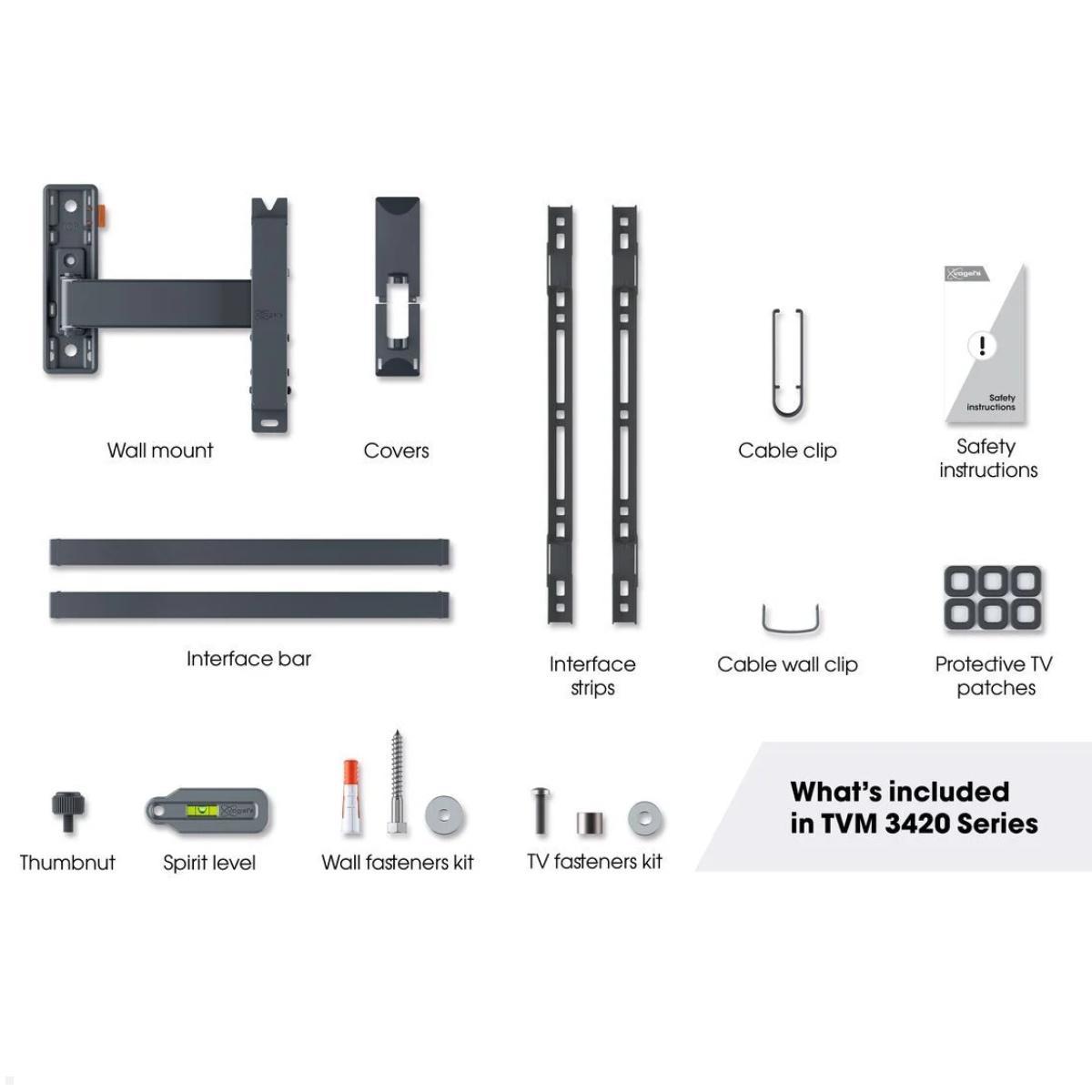 Vogels COMFORT TVM 3425 schwenkbare TV Wandhalterung 32-65 Zoll, schwarz, Lieferumfang Vogels COMFORT TVM 3425 schwenkbare TV Wandhalterung 32-65 Zoll, schwarz, Lieferumfang