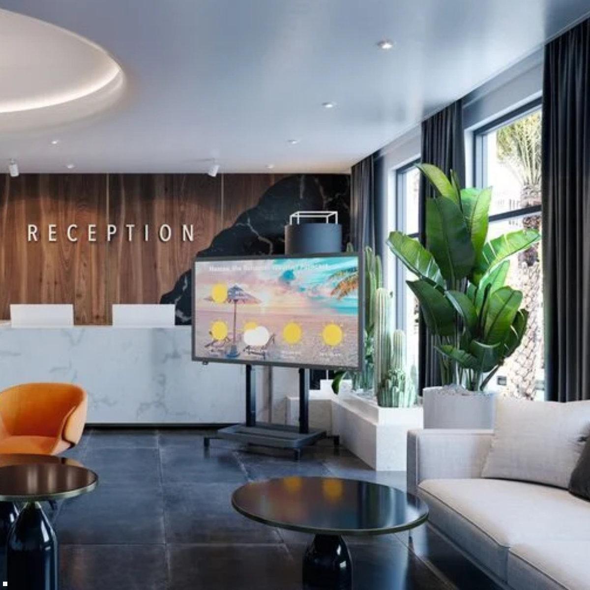 Vogels RISE 5105 elektrischer TV Ständer bis 98 Zoll, 50 mm/s, Anwendungsbeispiel Vogels RISE 5105 elektrischer TV Ständer bis 98 Zoll, 50 mm/s, Anwendungsbeispiel