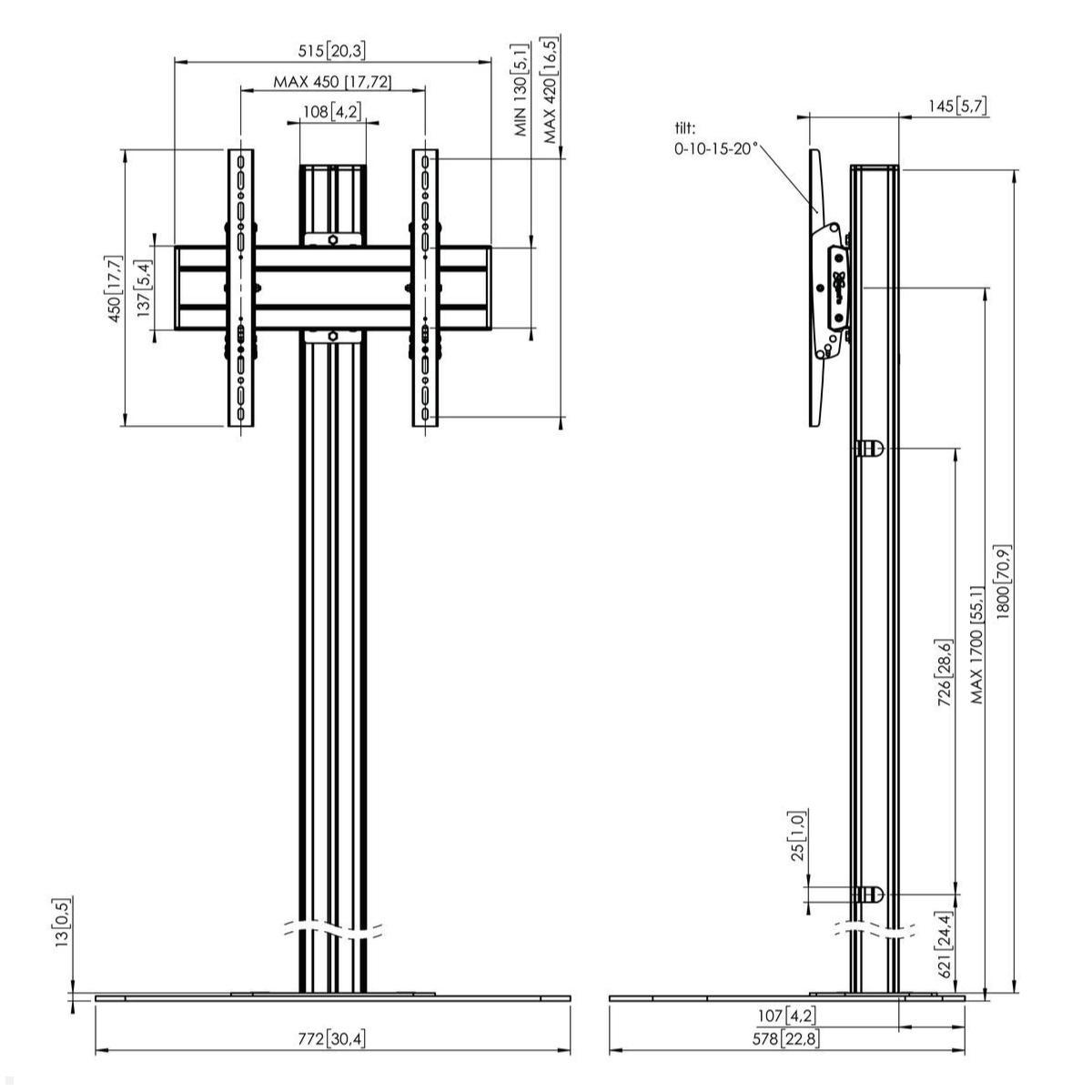 Vogels F1844B TV Ständer bis 65 Zoll, neigbar, schwarz, technische Zeichnung Vogels F1844B TV Ständer bis 65 Zoll, neigbar, schwarz, technische Zeichnung