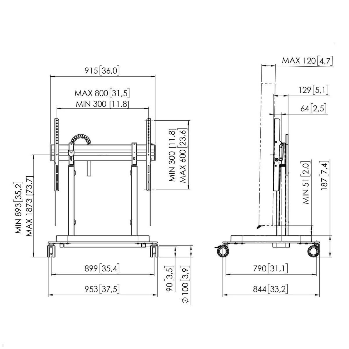 Vogels RISE 5308 mobiler elektrischer TV Ständer, 80 mm/s, Doppelrollen, technische Zeichnung Vogels RISE 5308 mobiler elektrischer TV Ständer, 80 mm/s, Doppelrollen, technische Zeichnung