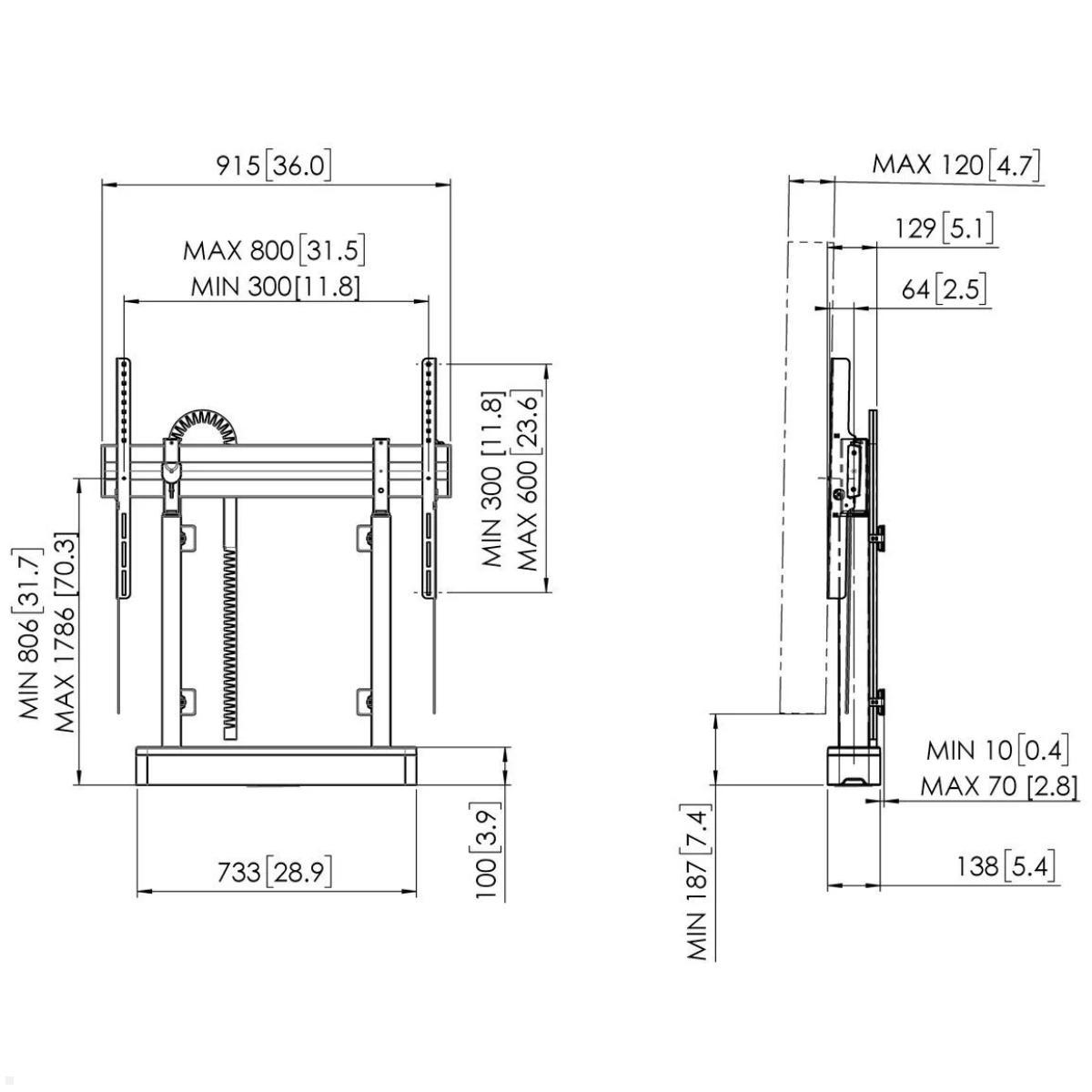 Vogels RISE 2008W elektrischer TV Boden-Wandhalter, 80 mm/s, weiß, technische Zeichnung Vogels RISE 2008W elektrischer TV Boden-Wandhalter, 80 mm/s, weiß, technische Zeichnung