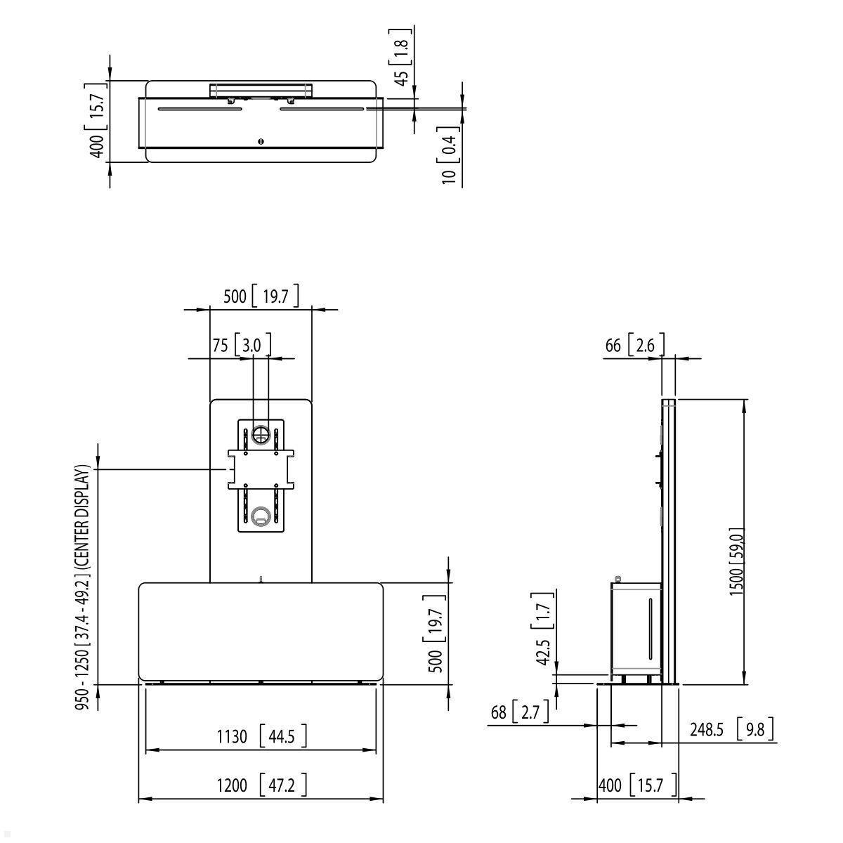 Vogels PVF 4112 Videokonferenz Möbel für 1 oder 2 Displays, weiß, Zeichnung und Maße Vogels PVF 4112 Videokonferenz Möbel für 1 oder 2 Displays, weiß, Zeichnung und Maße