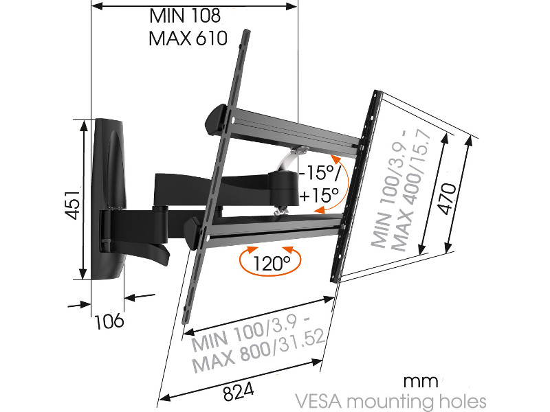Vogel's WALL 3450 TV-Wandhalterung schwenkbar 55"-100", schwarz Maße