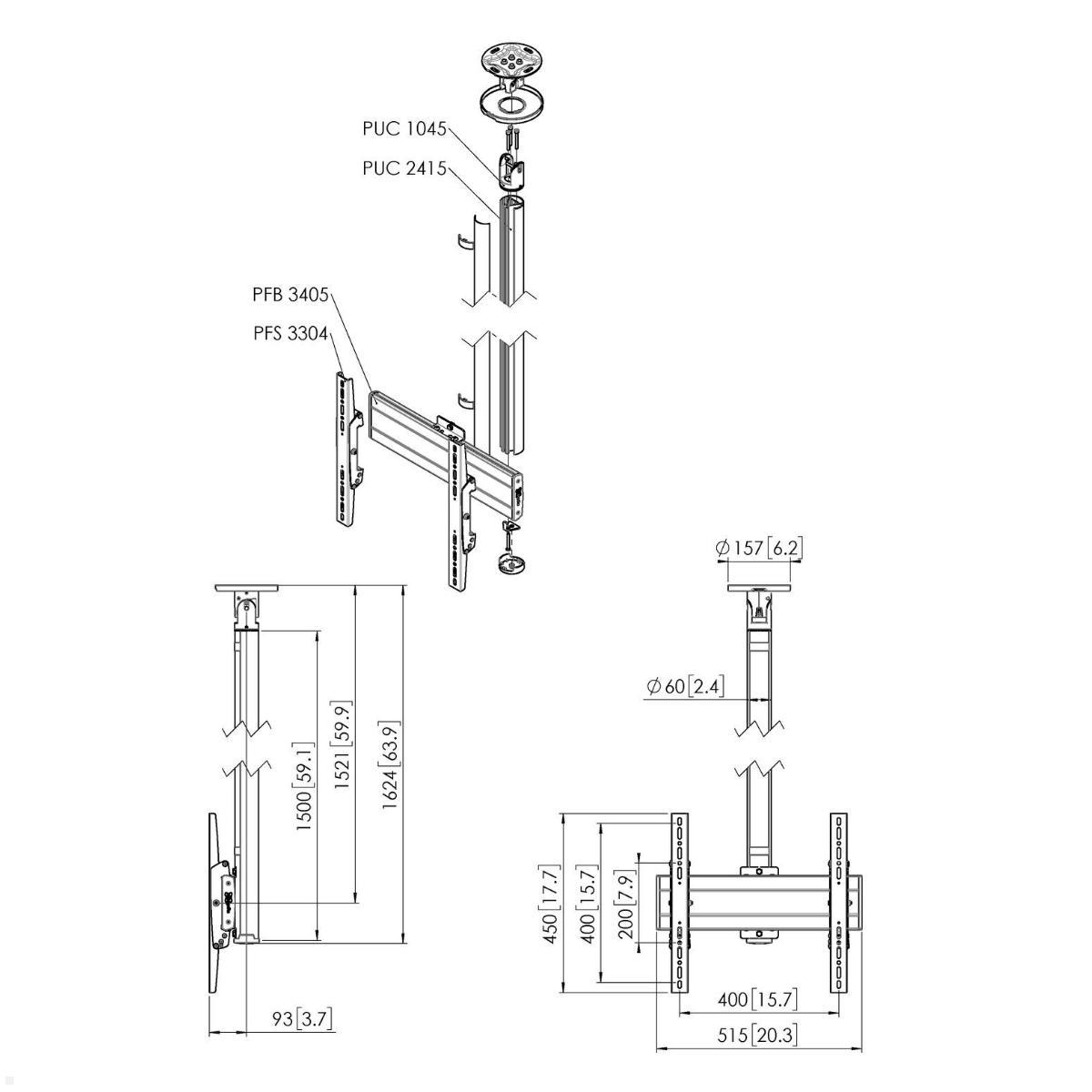 Vogels Connect-it CT241544B TV Deckenhalter bis 65 Zoll, schwarz, Zeichnung Maße Vogels Connect-it CT241544B TV Deckenhalter bis 65 Zoll, schwarz, Zeichnung Maße