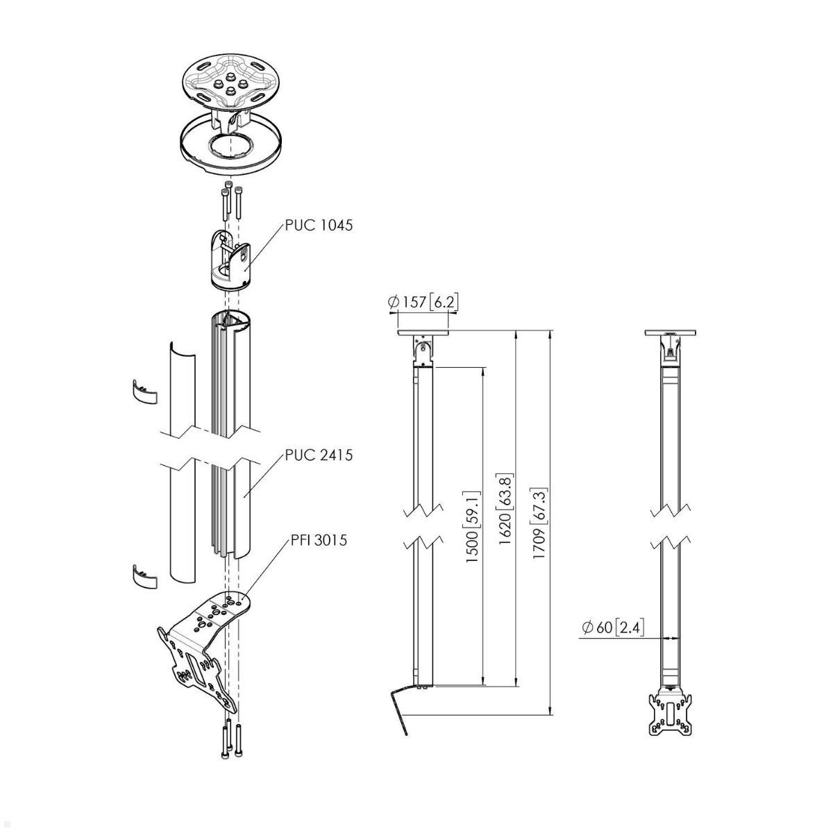 Vogels Connect-it CT241511S Deckenhalter bis 32 Zoll, silber, Zeichnung Maße Vogels Connect-it CT241511S Deckenhalter bis 32 Zoll, silber, Zeichnung Maße